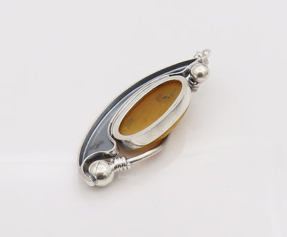 925 Sterling Silver Vintage Large Half Moon Honey Yellow Agate Pendant PT22167