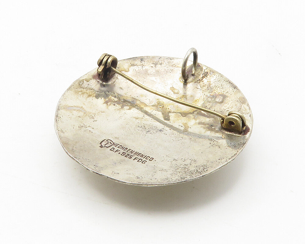 MEXICO 925 Sterling Silver  Vintage Tiger's Eye Shiny Etched Brooch Pin BP4338