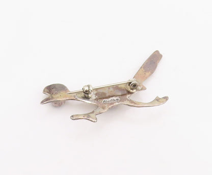 925 Sterling Silver Vintage Brooch Pin NAVAJO Cabochon Onyx Roadrunner  BP12292