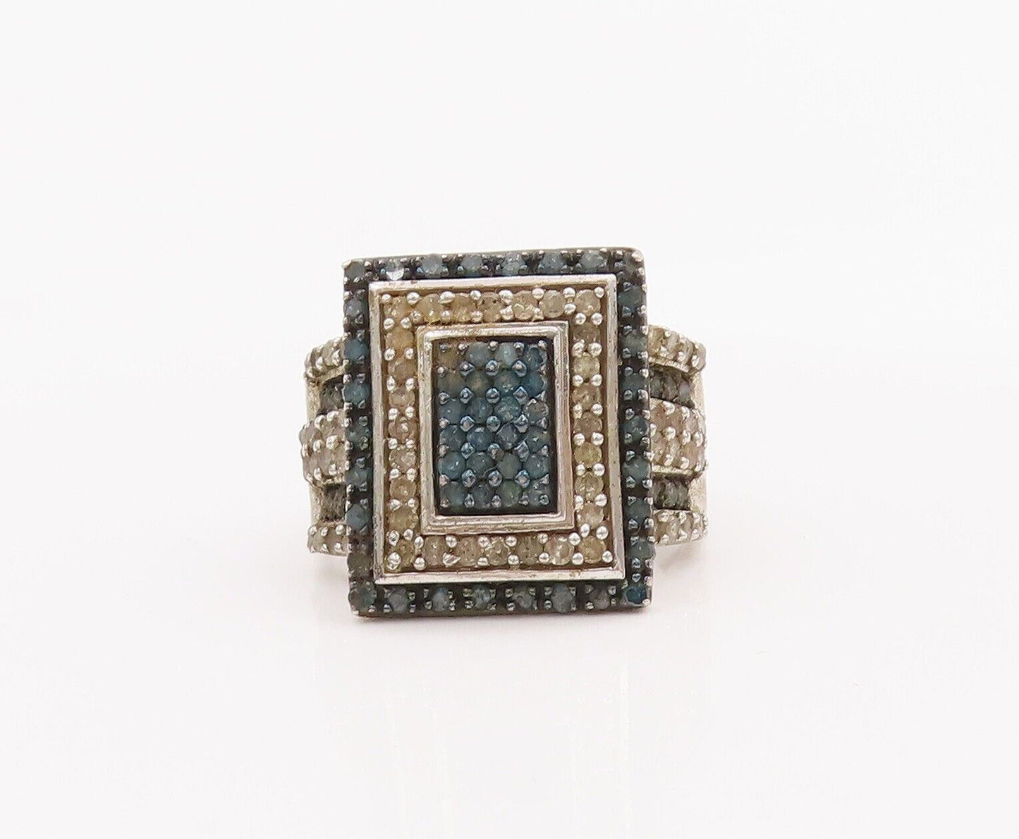 925 Sterling Silver Vintage Ring Rectangle Real Two Tone Diamonds  Sz 8 RG28430
