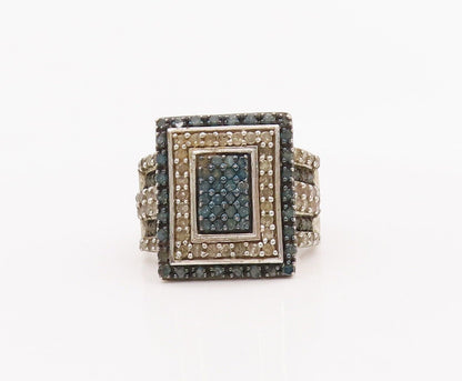 925 Sterling Silver Vintage Ring Rectangle Real Two Tone Diamonds  Sz 8 RG28430
