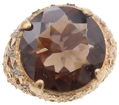 925 Sterling Silver Vintage Ring Gold Plate Carved Smoky Quartz  Sz 7  RG30158