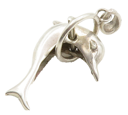 925 Sterling Silver  Vintage Dolphin Leaping Through Hoop Pendant  PT11605