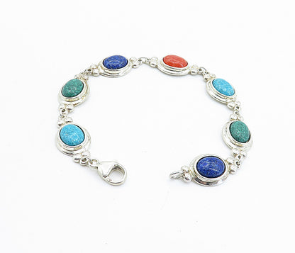 C. CO 925 Silver  Lapis Lazuli Turquoise & Coral Shiny Chain Bracelet  BT3000
