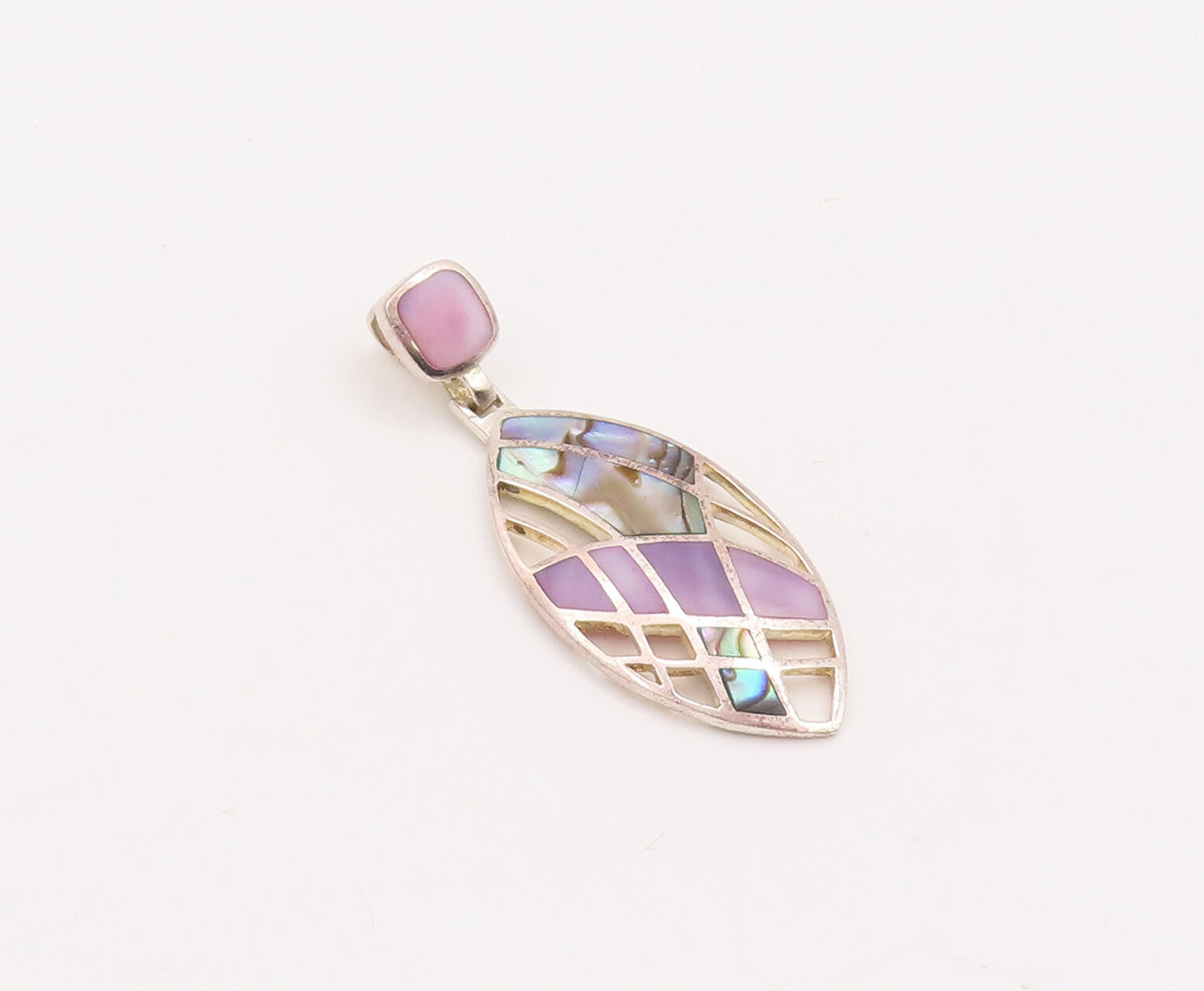 925 Sterling Silver Vintage Pendant Eye Shape Cutout Inlay Abalone  PT23101