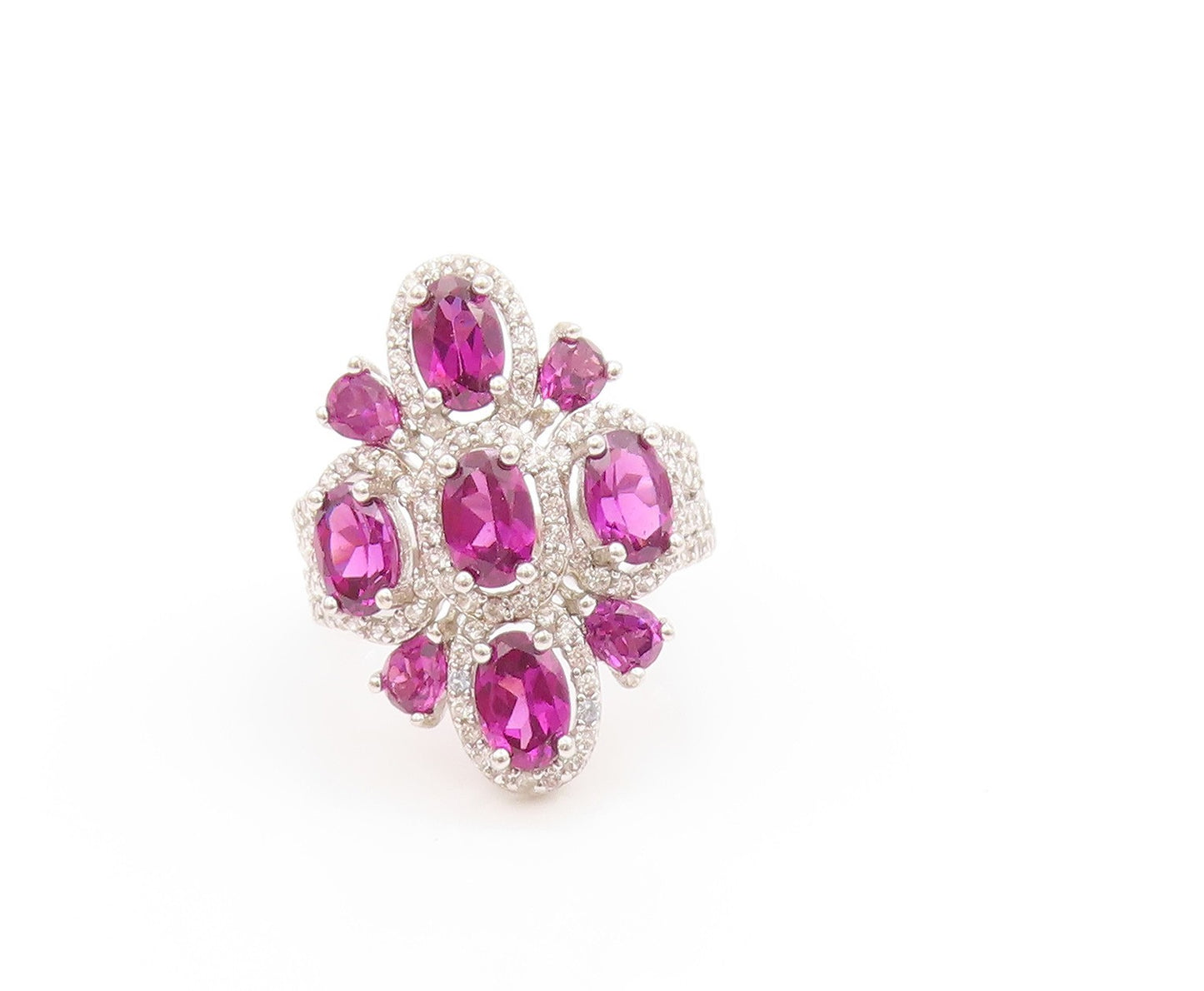 925 Sterling Silver Vintage Ring Oval Amethyst & CZ  Floral Band  Sz 6  RG33732