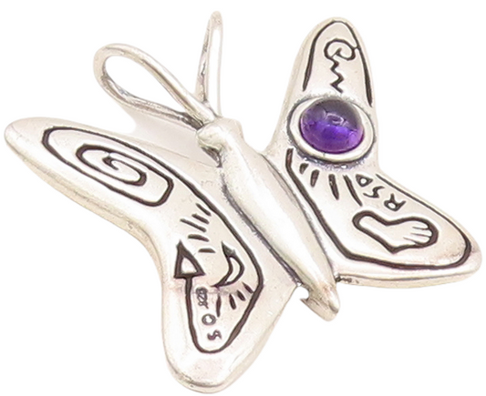 925 Sterling Silver Vintage Pendant Amethyst Swirly Etched Butterfly  PT23468