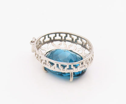 925 Sterling Silver Vintage Pendant Modernist Oval Cut Blue Topaz Charm  PT26336