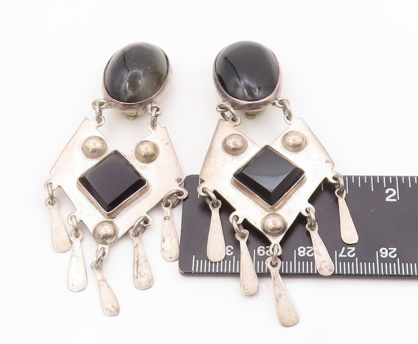925 Sterling Silver Vintage Earrings MEXICO Cabochon Dangling Onyx Inlay EG13342