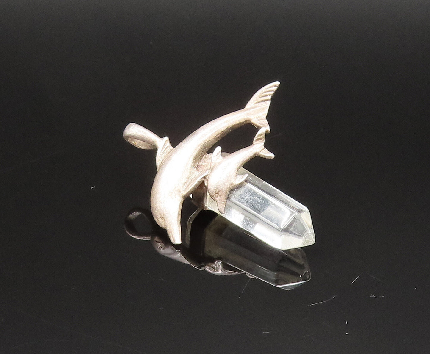 925 Sterling Silver  Vintage Parent & Baby Dolphin Quartz Pendant  PT21003