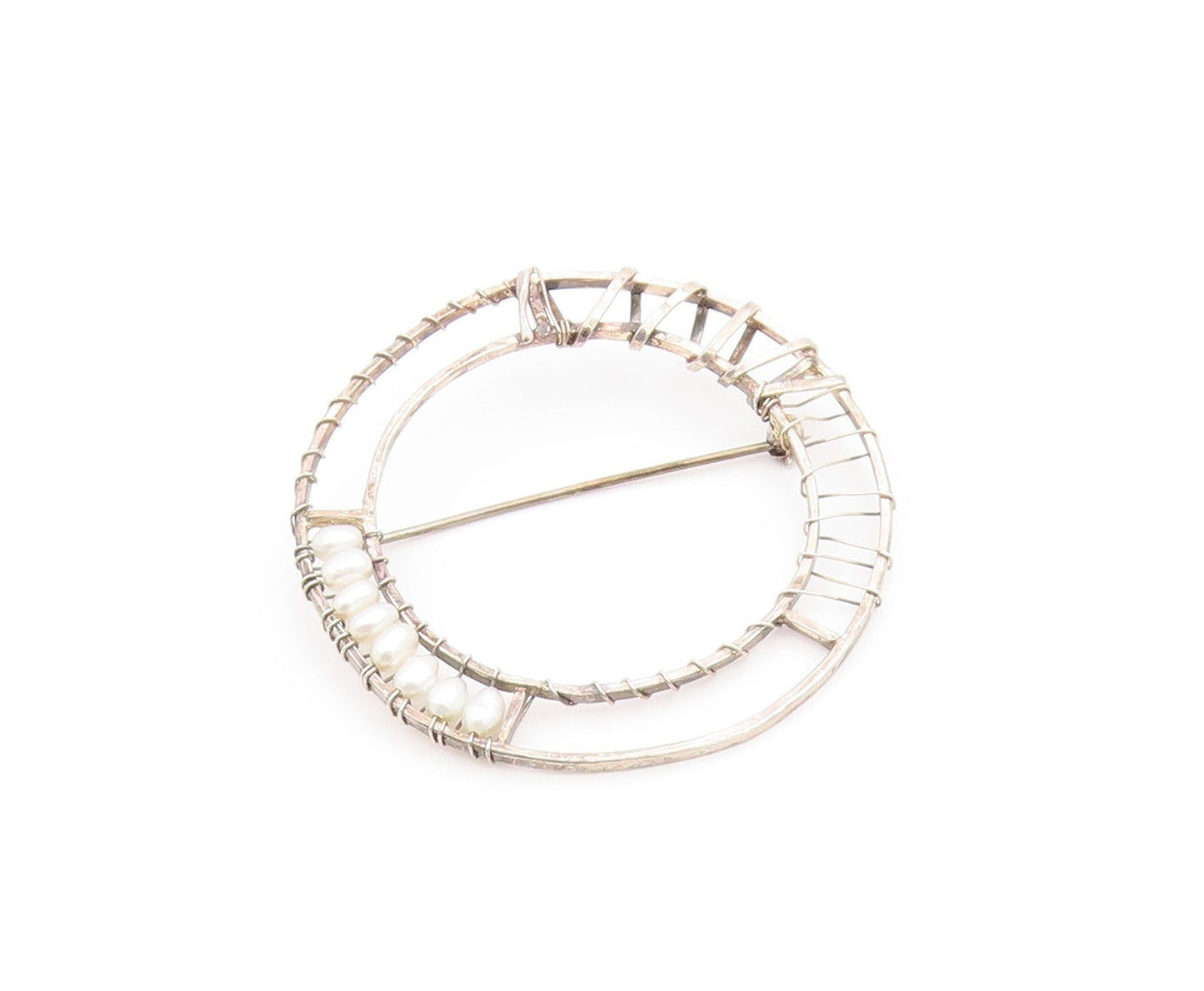 925 Sterling Silver Vintage Brooch Pin Modern Wire Wrapped Pearl Circle  BP12594