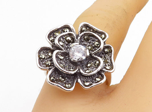 925 Silver  Vintage Cubic Zirconia & Marcasite Cocktail Ring Sz 8  RG5033