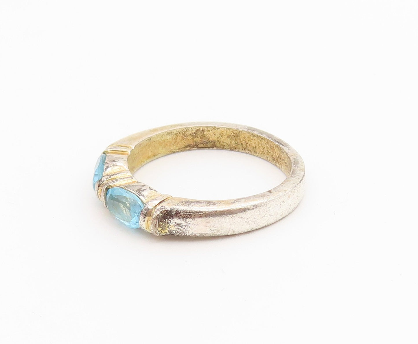925 Sterling Silver Vintage Ring Classic Blue Topaz Dual Stone Band Sz 7 RG36673