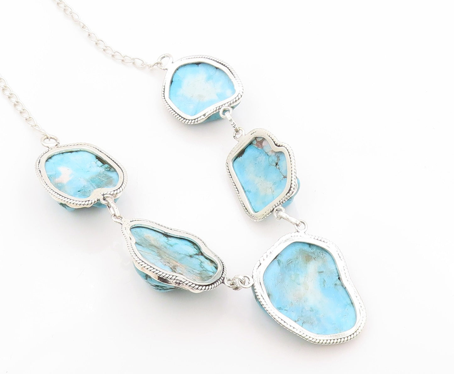 925 Sterling Silver Vintage Necklace Amorphas Linked Turquoise  NE4537
