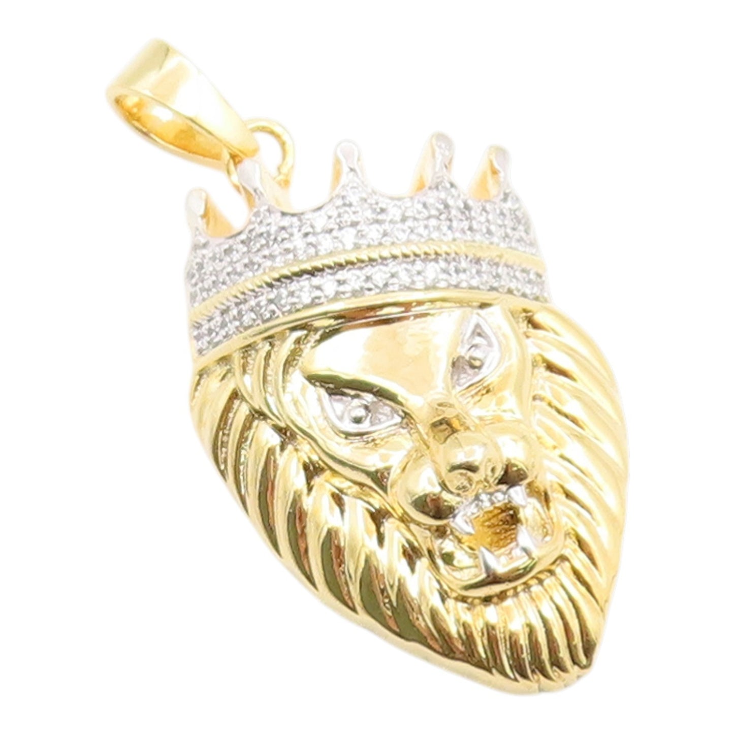 925 Sterling Silver Vintage Pendant Gold Plated CZ Crowned Lion Head  PT26217