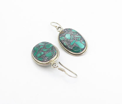 925 Sterling Silver  Vintage Malachite With Hematite Dangle Earrings  EG3191