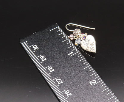 925 Silver  Vintage Engraved Love Heart & Quartz Dangle Earrings  EG12283