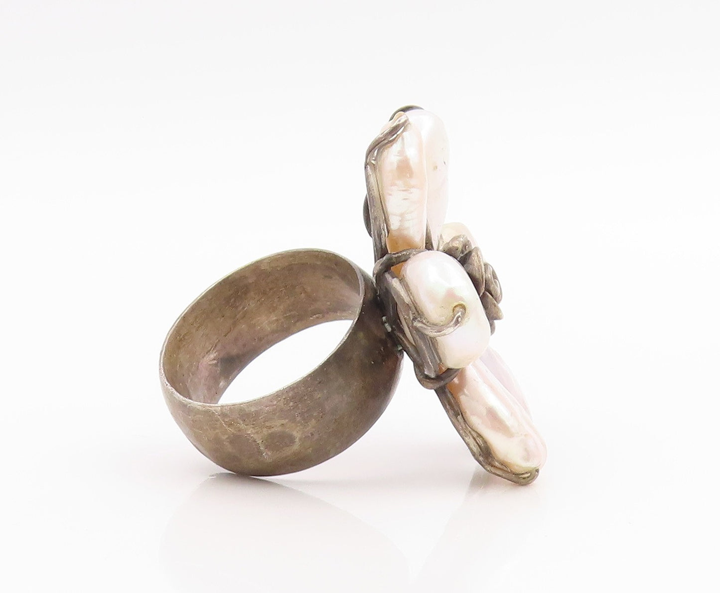 925 Sterling Silver Vintage Ring Elegant Mother Of Pearl Flower  Sz 8  RG35744
