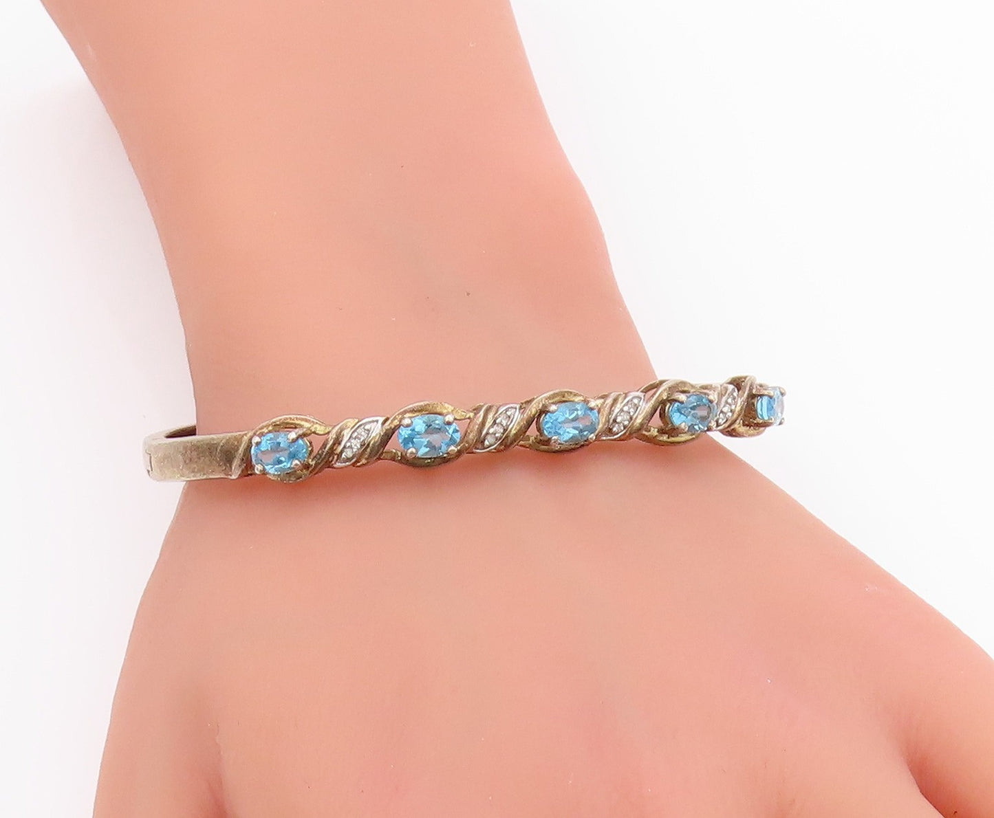 925 Sterling Silver Vintage Bracelet Swirly Diamonds & Oval Topaz Bangle BT11350