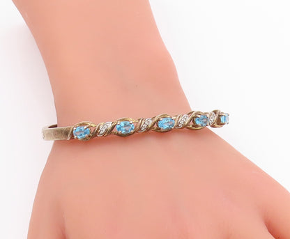 925 Sterling Silver Vintage Bracelet Swirly Diamonds & Oval Topaz Bangle BT11350