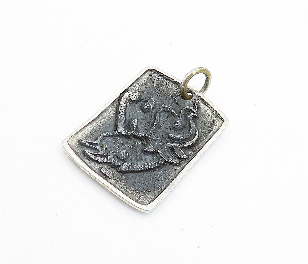 925 Sterling Silver  Vintage Shiny Etched Elephant Square Drop Pendant  PT5734