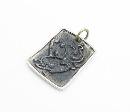 925 Sterling Silver  Vintage Shiny Etched Elephant Square Drop Pendant  PT5734