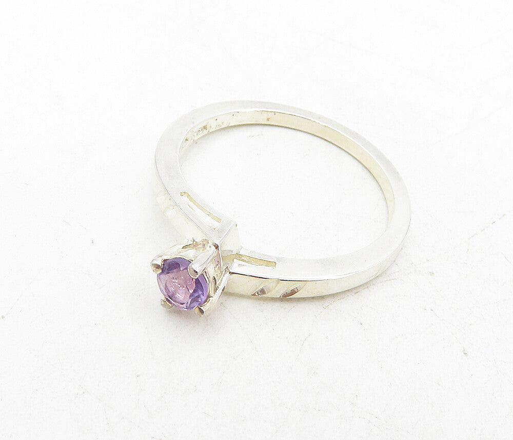 925 Sterling Silver  Prong Set Amethyst Diamond Cut Solitaire Ring Sz 8 RG8727
