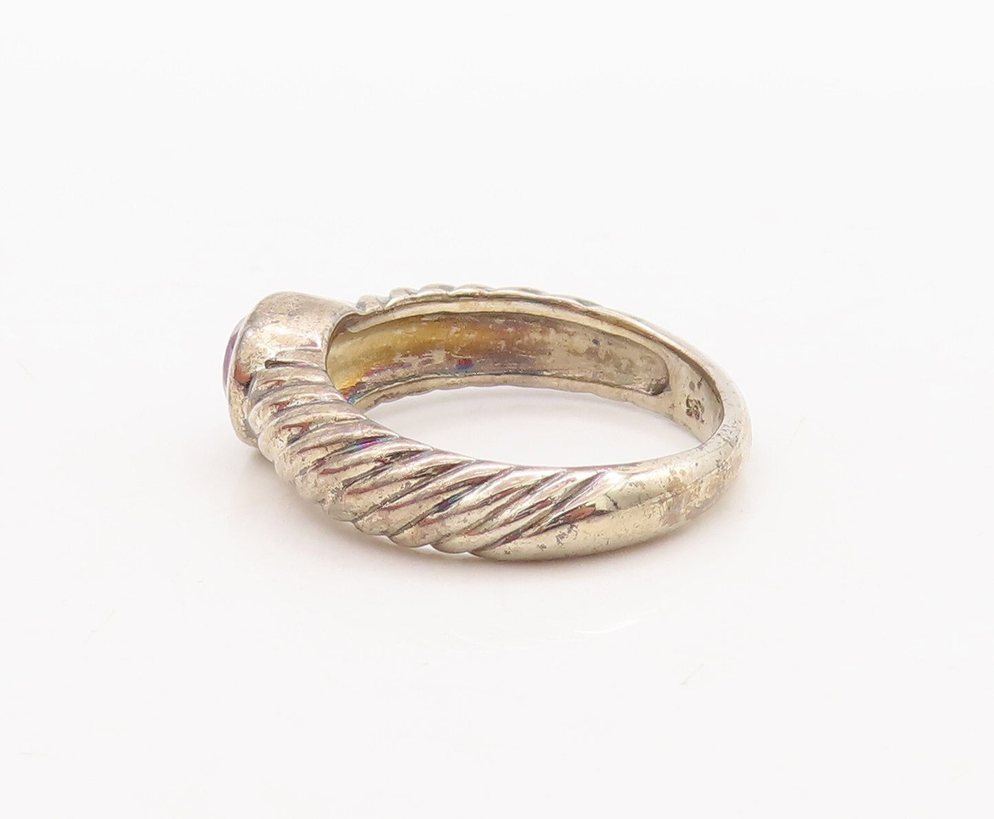 925 Sterling Silver Vintage Ring Grooved Band Round Amethyst Inlay Sz 8  RG29535