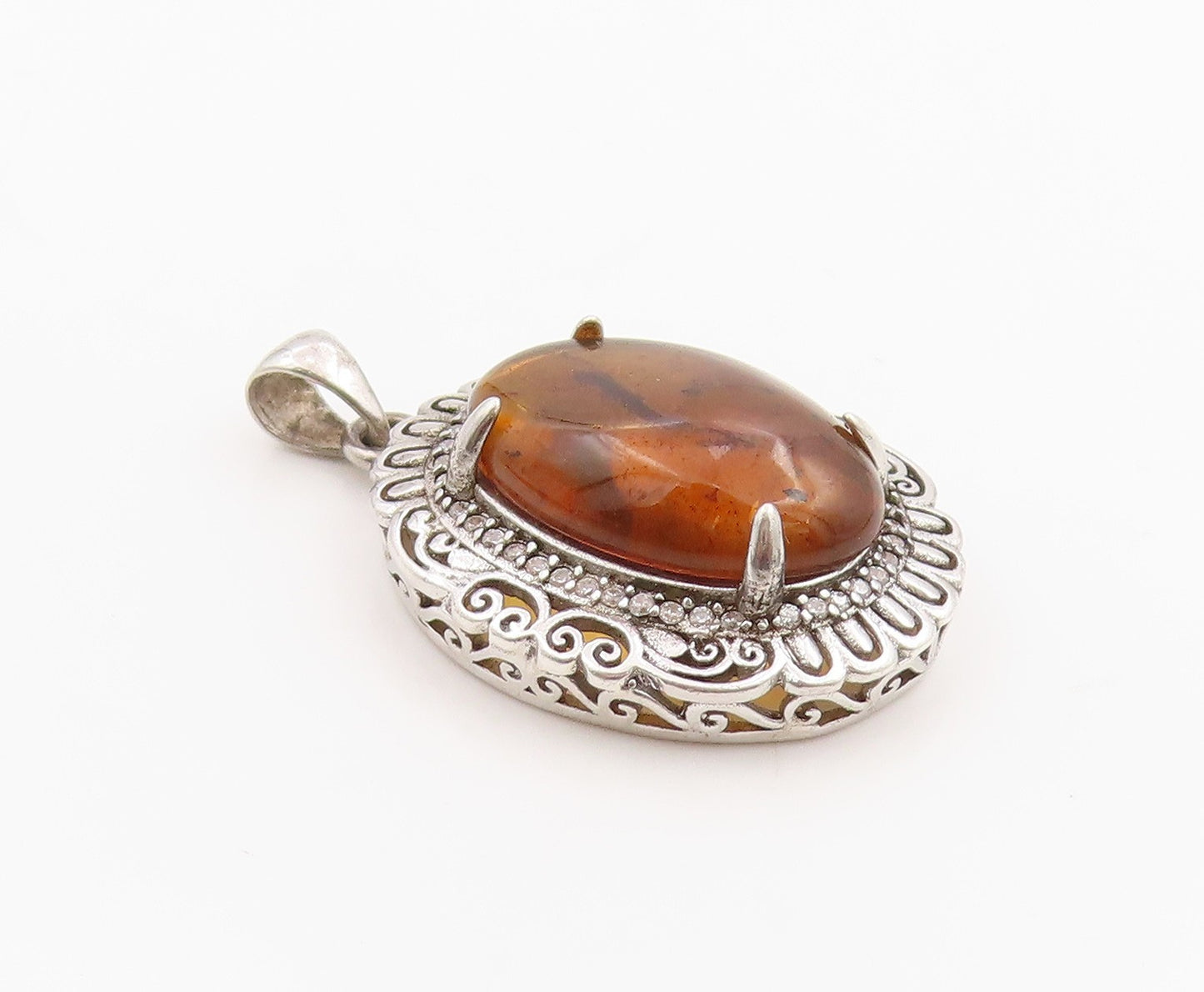 925 Sterling Silver Vintage Pendant Cabochon Honey Amber Halo CZ Locket  PT25490