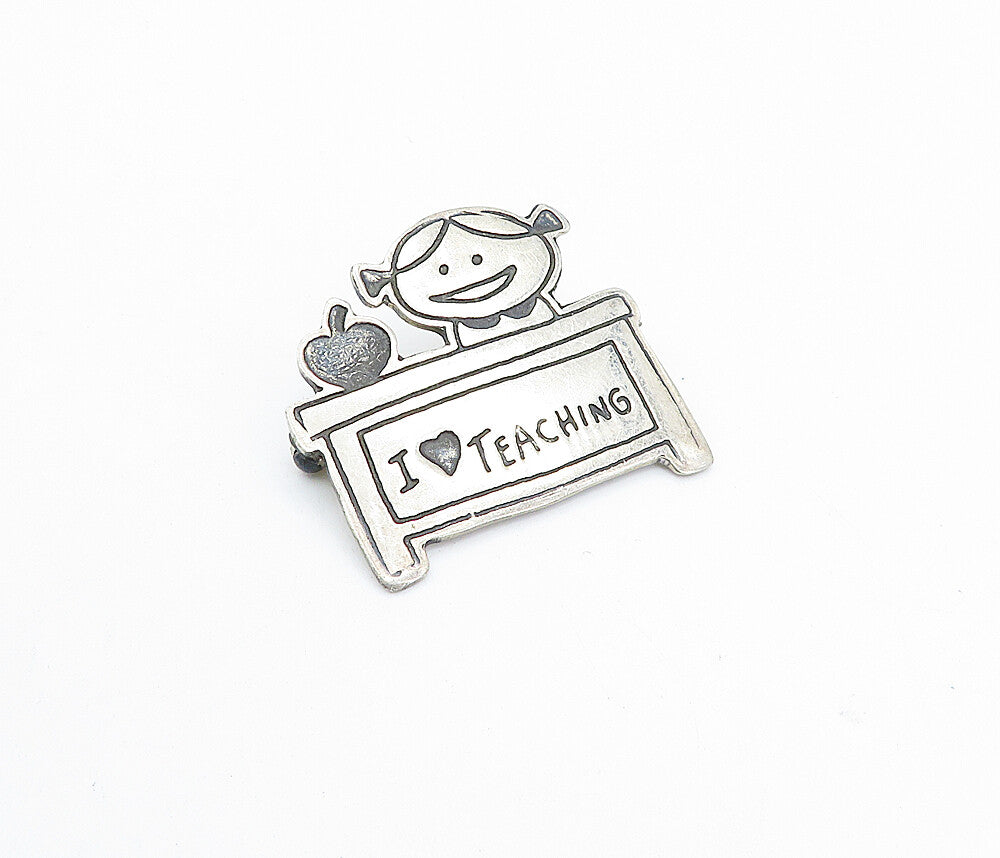 MEXICO 925 Sterling Silver  Vintage I Love Teaching Oxidized Brooch Pin BP1088