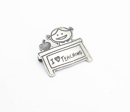 MEXICO 925 Sterling Silver  Vintage I Love Teaching Oxidized Brooch Pin BP1088