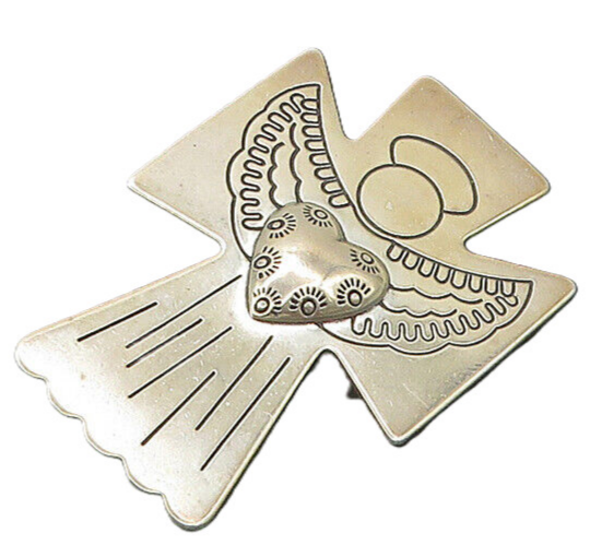 CAROLYN POLLACK 925 Silver  Vintage Shiny Love Heart Angel Brooch Pin  BP8245