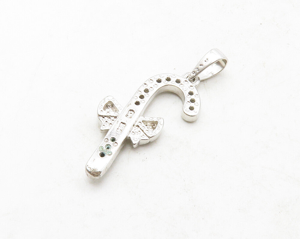 925 Sterling Silver Shiny Genuine Diamonds Candy Cane Bow Pendant  PT10441