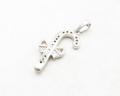 925 Sterling Silver Shiny Genuine Diamonds Candy Cane Bow Pendant  PT10441