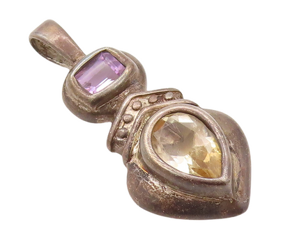 925 Sterling Silver Vintage Pendant Dark Tone Carved Amethyst & Citrine  PT23597