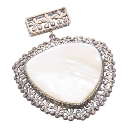 925 Sterling Silver  Vintage Mother Of Pearl Floral Border Pendant  PT7831