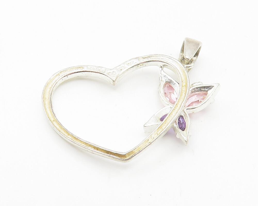 925 Sterling Silver  Amethyst & Pink Topaz Butterfly Heart Pendant  PT8649