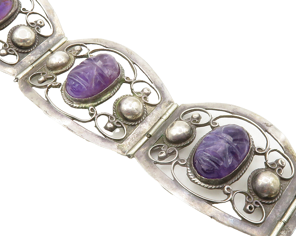 MEXICO 925 Silver  Vintage Face Carved Amethyst Swirl Chain Bracelet  BT5515