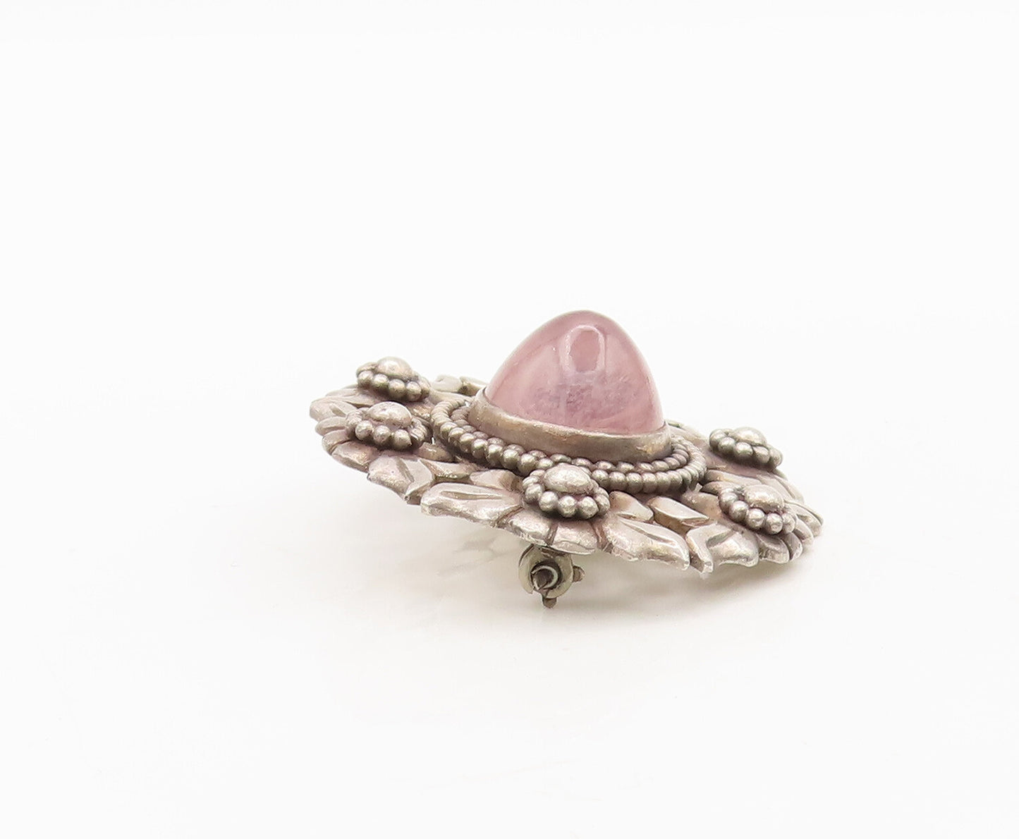 925 Sterling Silver Vintage Brooch Morganite Halo Carved Floral Design  BP10578