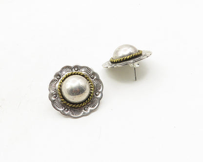 MEXICO 925 Sterling Silver  Vintage Two Tone Floral Dome Drop Earrings  EG5326
