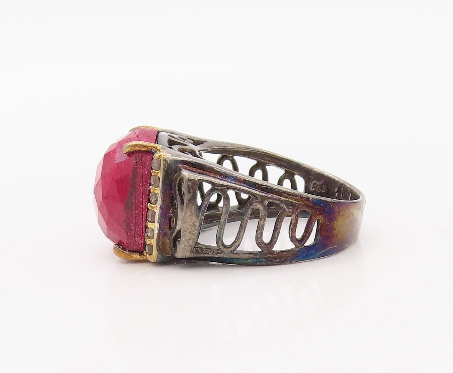 925 Sterling Silver Vintage Ring Diamonds & Gemstone Cutout Band  Sz 7  RG30792