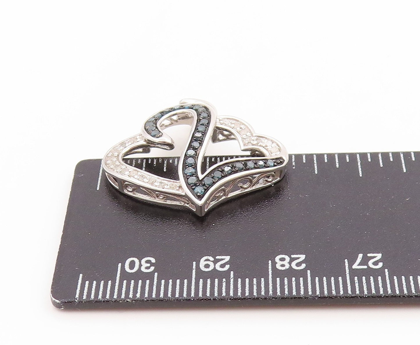 925 Sterling Silver Vintage Pendant Genuine Blue & White Diamonds Heart  PT25825