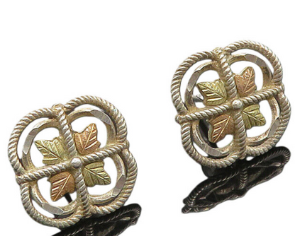 925 Silver & 12K GOLD  Vintage Two Tone Floral Leaf Drop Earrings  EG10388