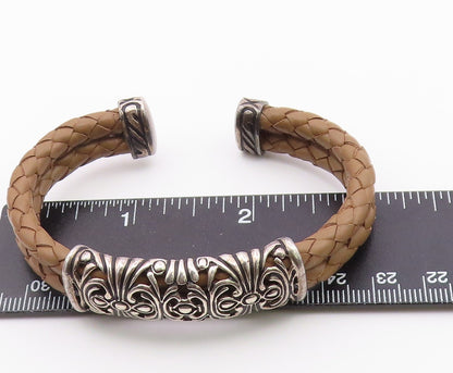 ESPO SIG 925 Silver  Vintage Brass Scroll Detail Leather Cuff Bracelet  BT9391