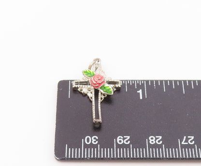 925 Sterling Silver  Vintage Rose Flower Religious Cross Pendant  PT19455