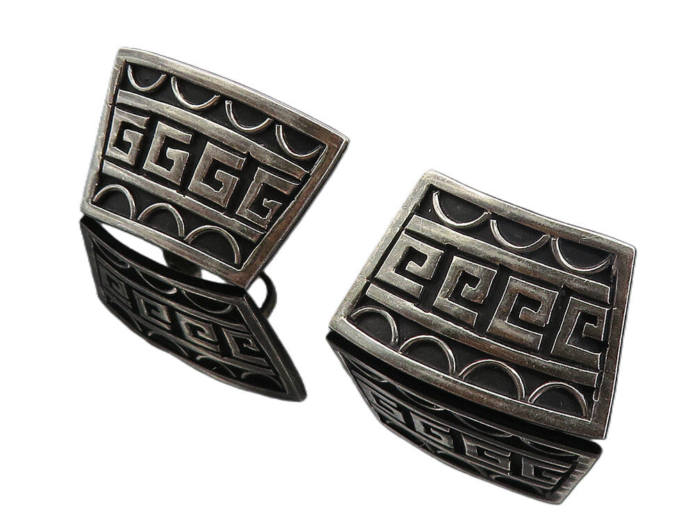MEXICO 925 Silver  Vintage Shiny Oxidized Pattern Non Pierce Earrings  EG3104