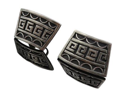 MEXICO 925 Silver  Vintage Shiny Oxidized Pattern Non Pierce Earrings  EG3104