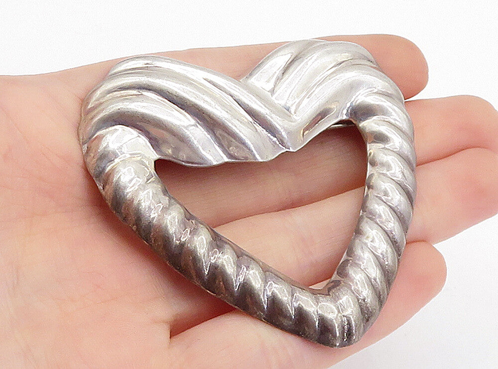 MEXICO 925 Sterling Silver  Vintage Open Fluted Love Heart Brooch Pin  BP1468