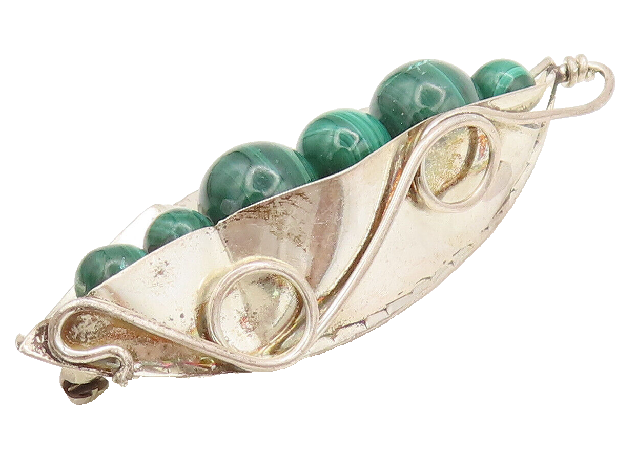GFMW 925 Sterling Silver  Vintage Malachite Peas in a Pod Brooch Pin  BP10405