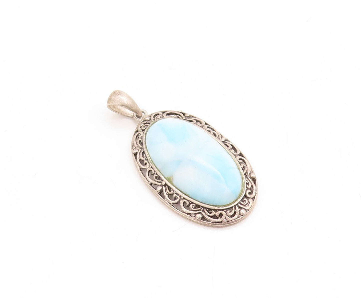 925 Sterling Silver Vintage Pendant Swirly Carved Oval Frame Larimar  PT23761